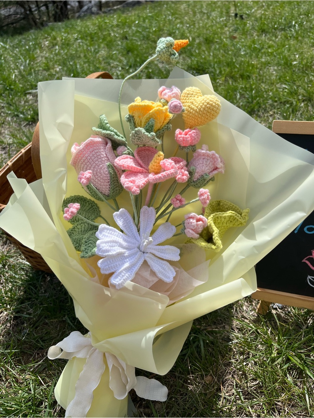 Handmade Crochet Flower Bouquet - Pastel Pink, Yellow & White